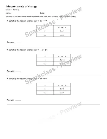 Interpret a rate of change — Warm-up — Grade 8 worksheet preview