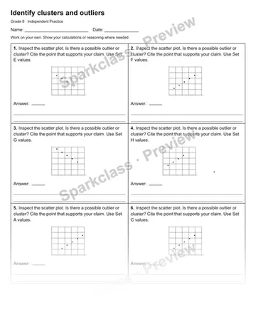 Identify clusters and outliers — Independent Practice — Grade 8 worksheet preview