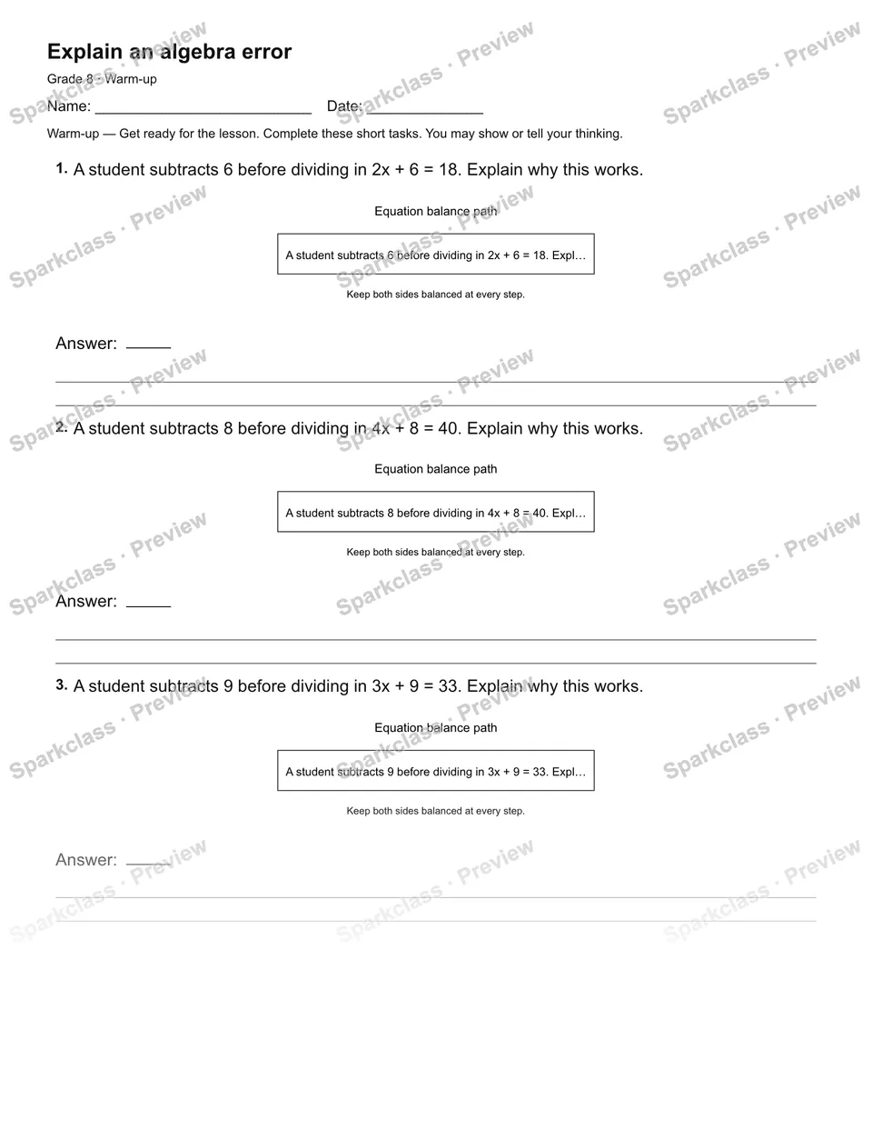 Explain an algebra error — Warm-up — page 1