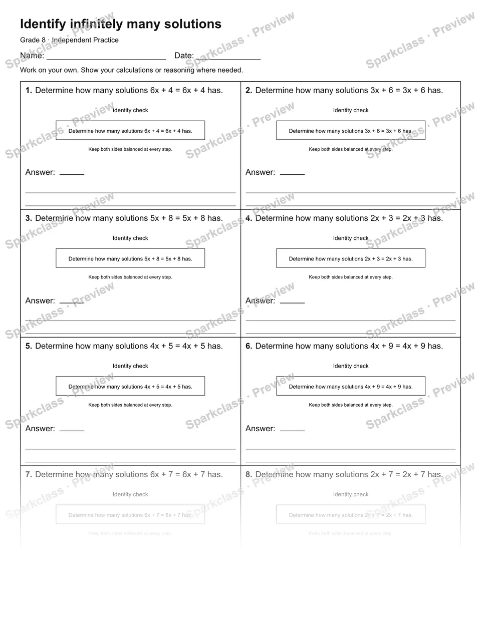 Identify infinitely many solutions — Independent Practice — page 1