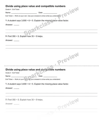 Divide using place value and compatible numbers — Exit Ticket — Grade 4 worksheet preview