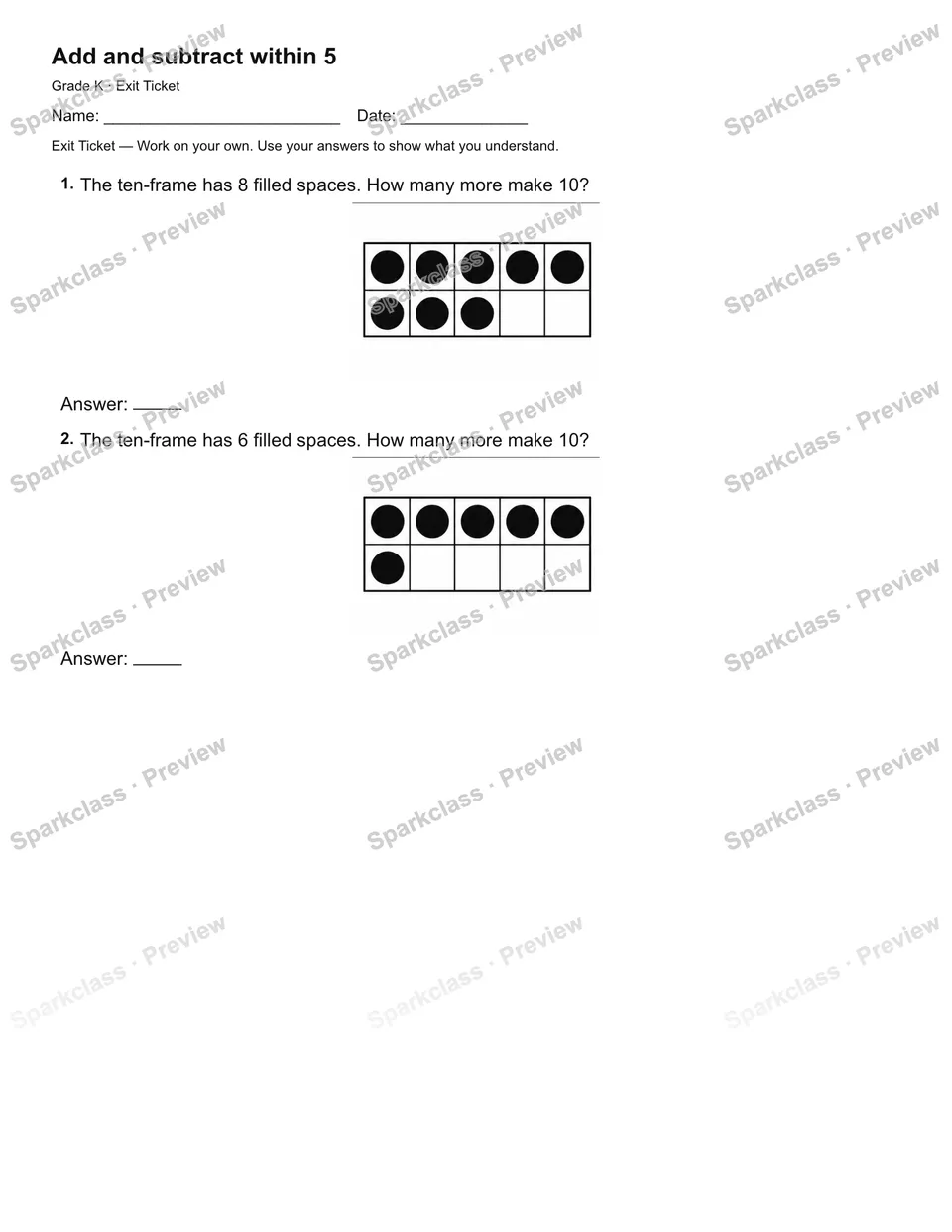 Add and subtract within 5 — Exit Ticket — page 1