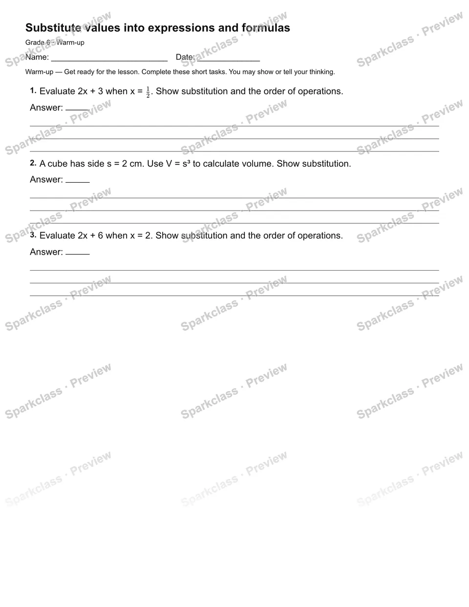 Substitute values into expressions and formulas — Warm-up — page 1