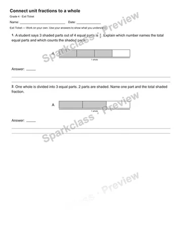 Connect unit fractions to a whole — Exit Ticket — Grade 4 worksheet preview