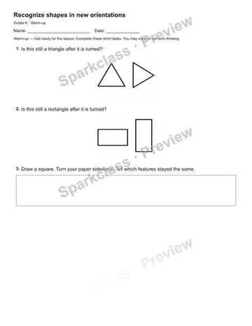 Recognize shapes in new orientations — Warm-up — Kindergarten worksheet preview