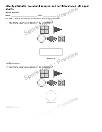 Identify attributes, count unit squares, and partition shapes into equal shares. — Exit Ticket — Grade 2 worksheet preview