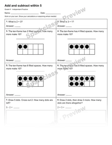 Add and subtract within 5 — Independent Practice — Kindergarten worksheet preview