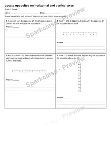 Locate opposites on horizontal and vertical axes — Review — Grade 6 worksheet preview