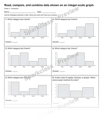 Read, compare, and combine data shown on an integer-scale graph. — Homework — Grade 2 worksheet preview
