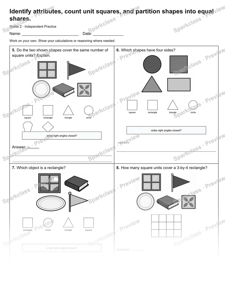 Identify attributes, count unit squares, and partition shapes into equal shares. — Independent Practice — page 3