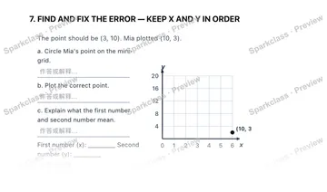 7. FIND AND FIX THE ERROR — KEEP X AND Y IN ORDER The point should be (3, 10). Mia plotted (10, 3). a. Circle Mia's point on the mini-grid. b. Plot the correct point. c. Explain wh — Grade 5 problem preview