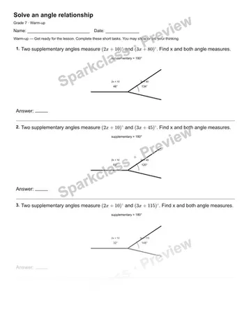 Solve an angle relationship — Warm-up — Grade 7 worksheet preview