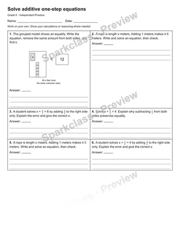 Solve additive one-step equations — Independent Practice — Grade 6 worksheet preview