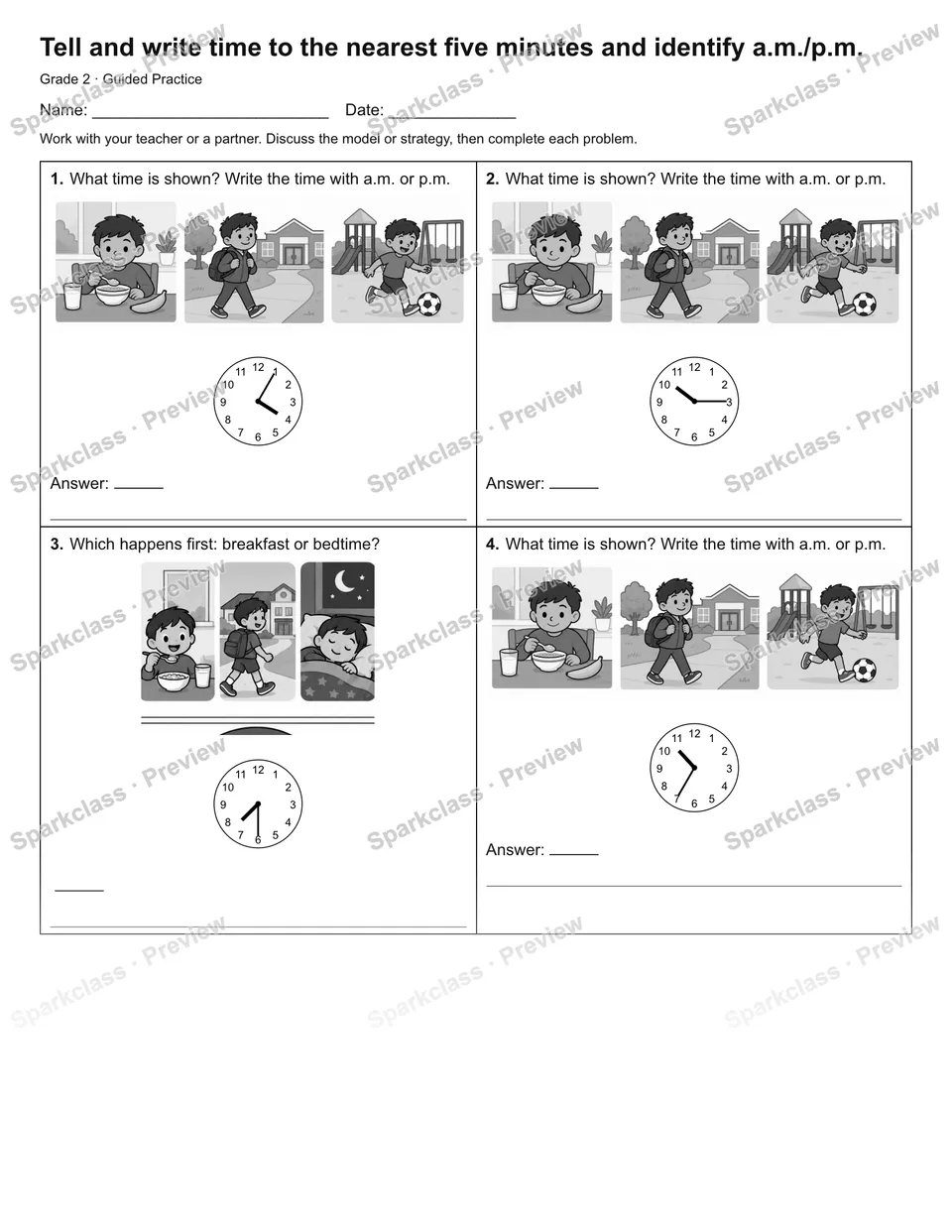 Tell and write time to the nearest five minutes and identify a.m./p.m. — Guided Practice — page 1