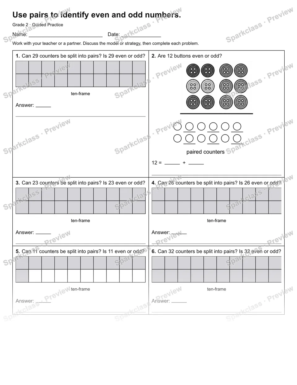 Use pairs to identify even and odd numbers. — Guided Practice — page 1