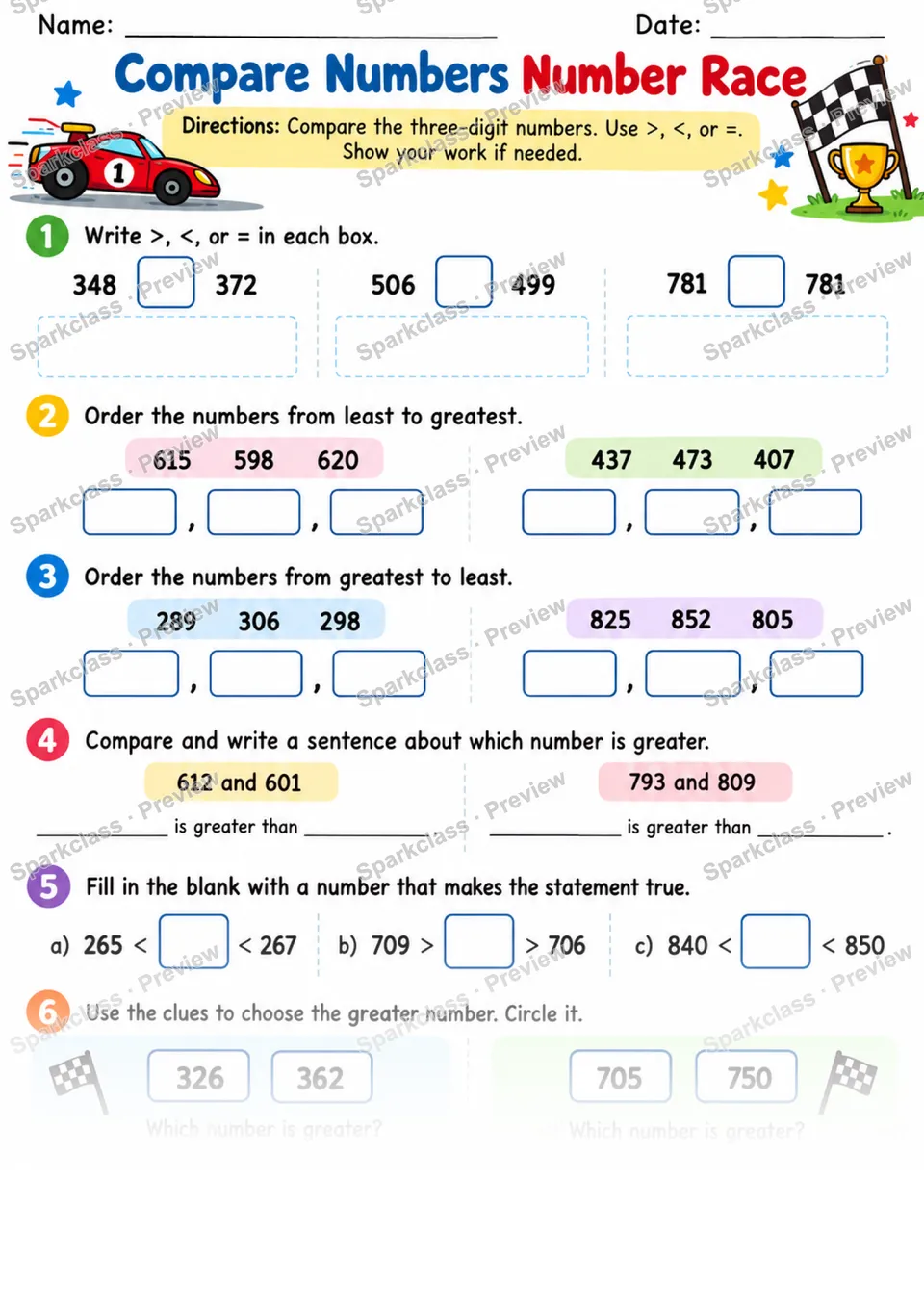 2.NBT.A.4 · Compare Number Race — page 1
