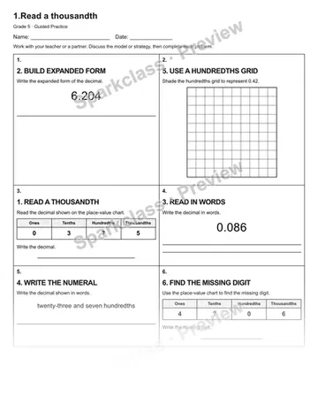 1.Read a thousandth — Guided Practice — Grade 5 worksheet preview