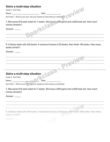 Solve a multi-step situation — Exit Ticket — Grade 4 worksheet preview