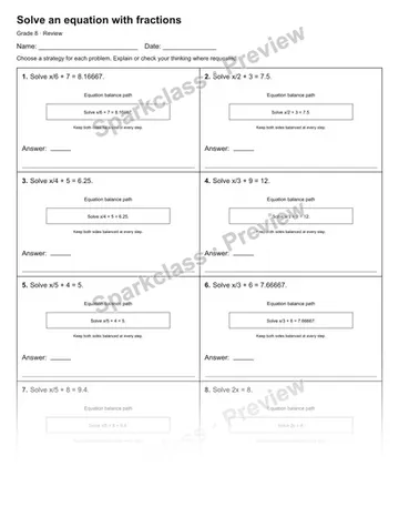 Solve an equation with fractions — Review — Grade 8 worksheet preview