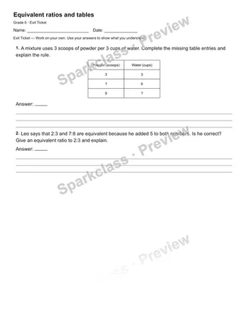 Equivalent ratios and tables — Exit Ticket — Grade 6 worksheet preview