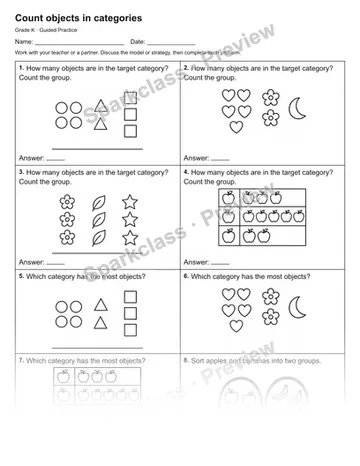Count objects in categories — Guided Practice — Kindergarten worksheet preview