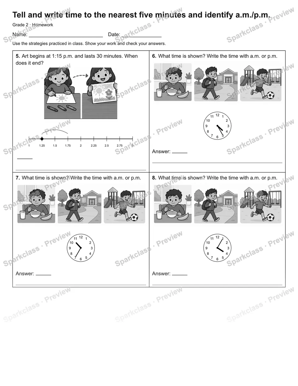 Tell and write time to the nearest five minutes and identify a.m./p.m. — Homework — page 2