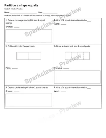 Partition a shape equally — Guided Practice — Grade 1 worksheet preview