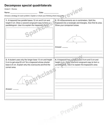 Decompose special quadrilaterals — Review — Grade 6 worksheet preview