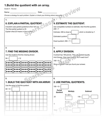 1.Build the quotient with an array. — Review — Grade 5 worksheet preview
