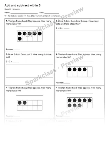 Add and subtract within 5 — Homework — Kindergarten worksheet preview