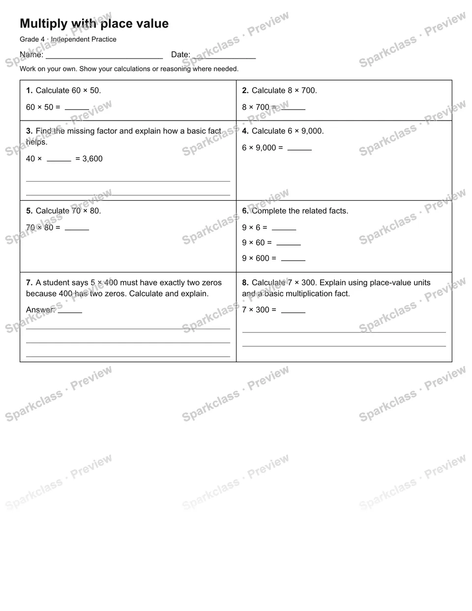 Multiply with place value — Independent Practice — page 1