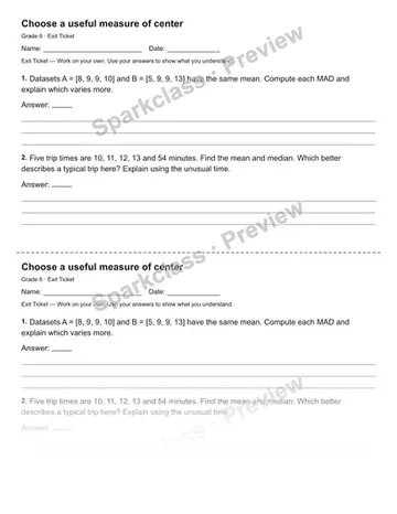 Choose a useful measure of center — Exit Ticket — Grade 6 worksheet preview