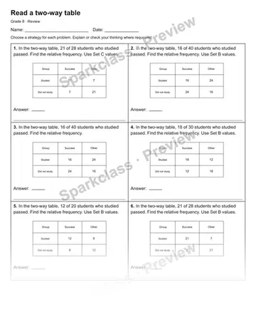 Read a two-way table — Review — Grade 8 worksheet preview