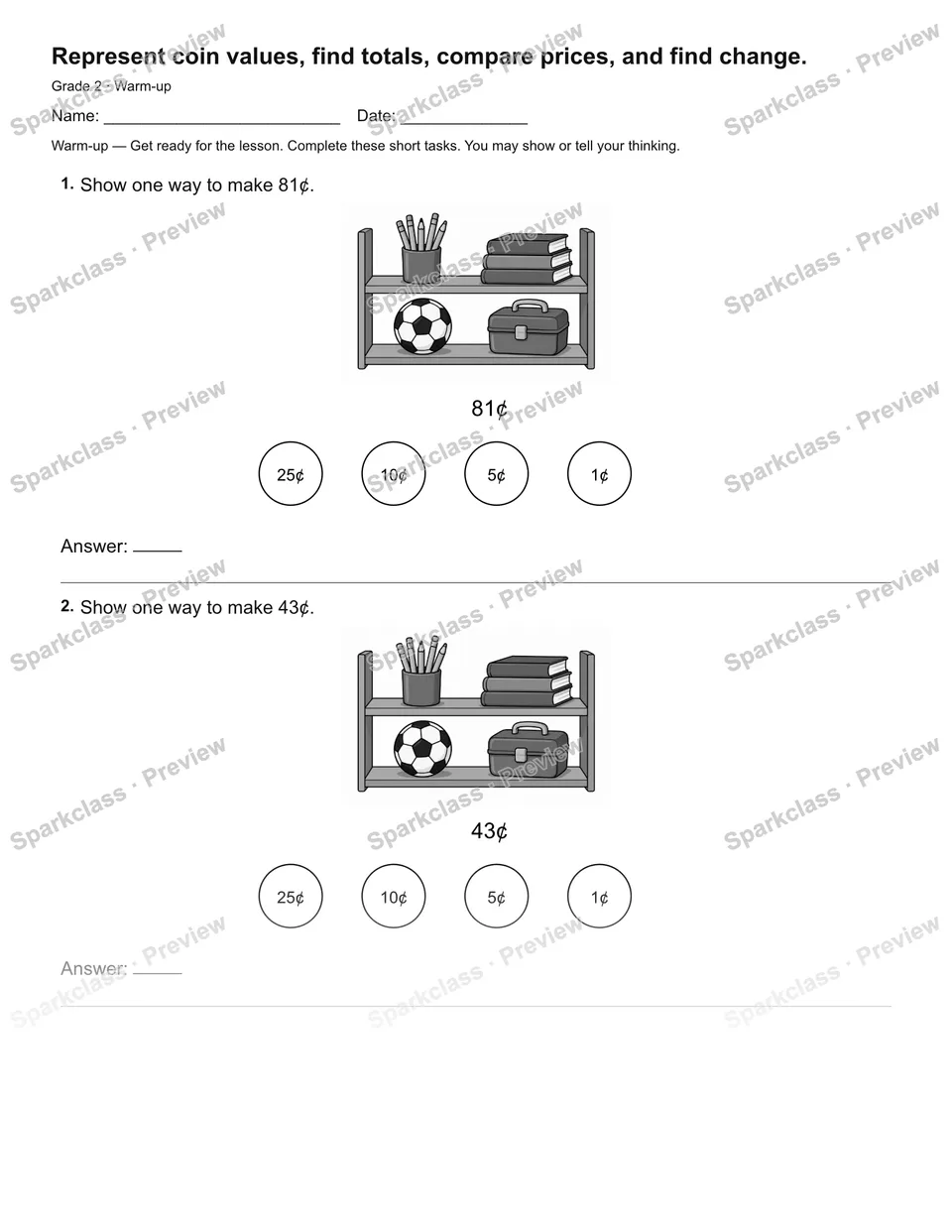 Represent coin values, find totals, compare prices, and find change. — Warm-up — page 1