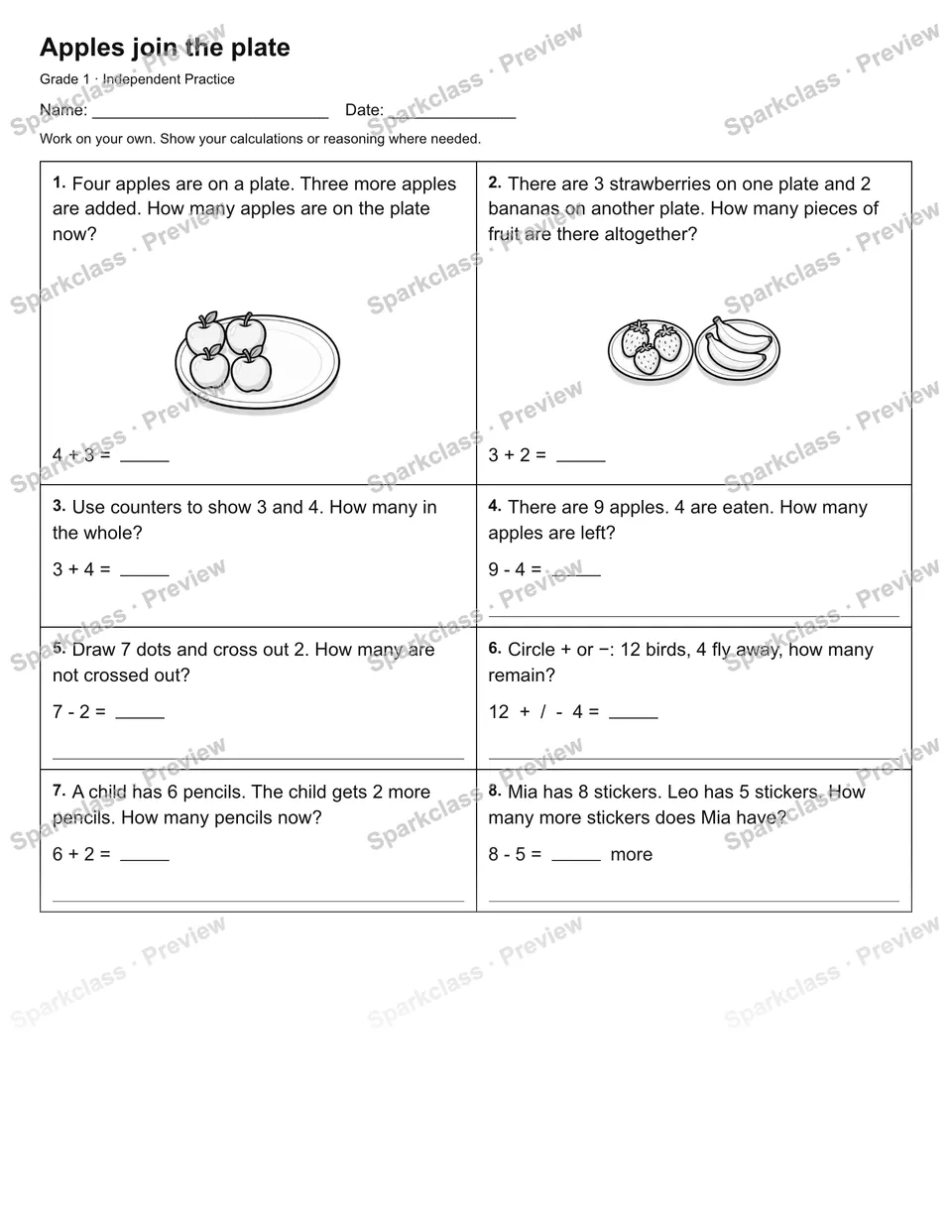 Apples join the plate — Independent Practice — page 1