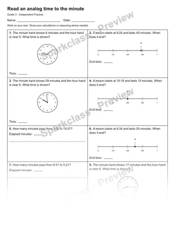 Read an analog time to the minute — Independent Practice — Grade 3 worksheet preview