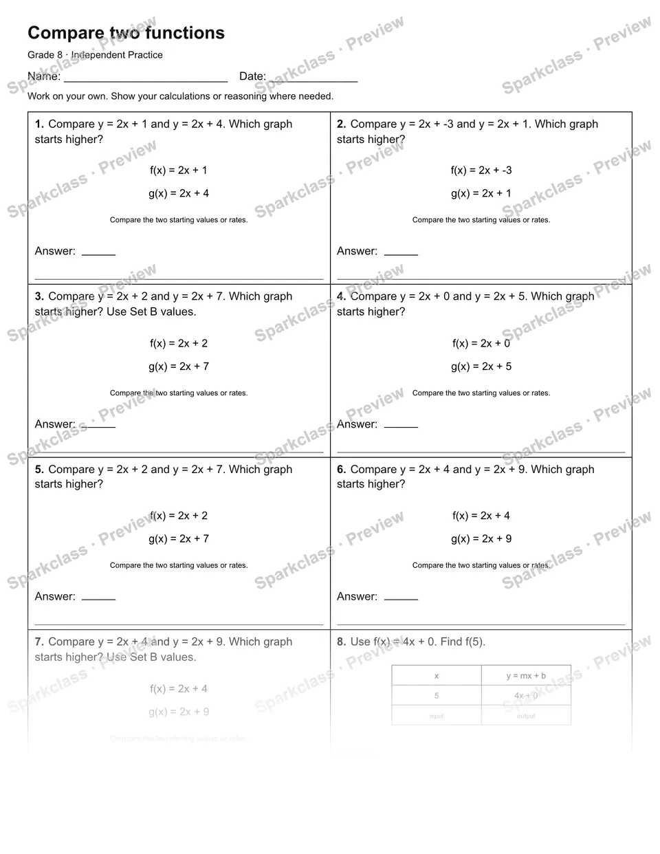 Compare two functions — Independent Practice — page 1