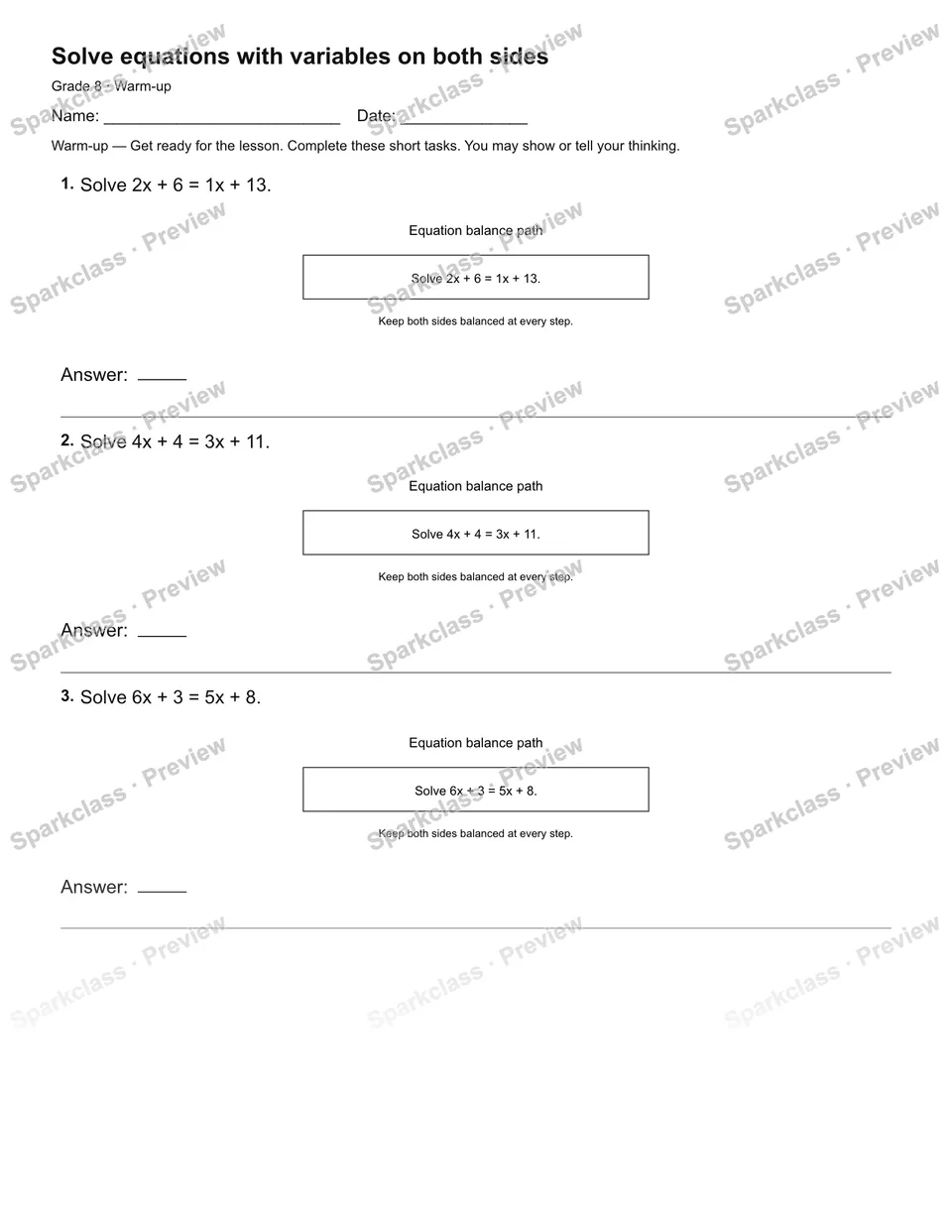 Solve equations with variables on both sides — Warm-up — page 2