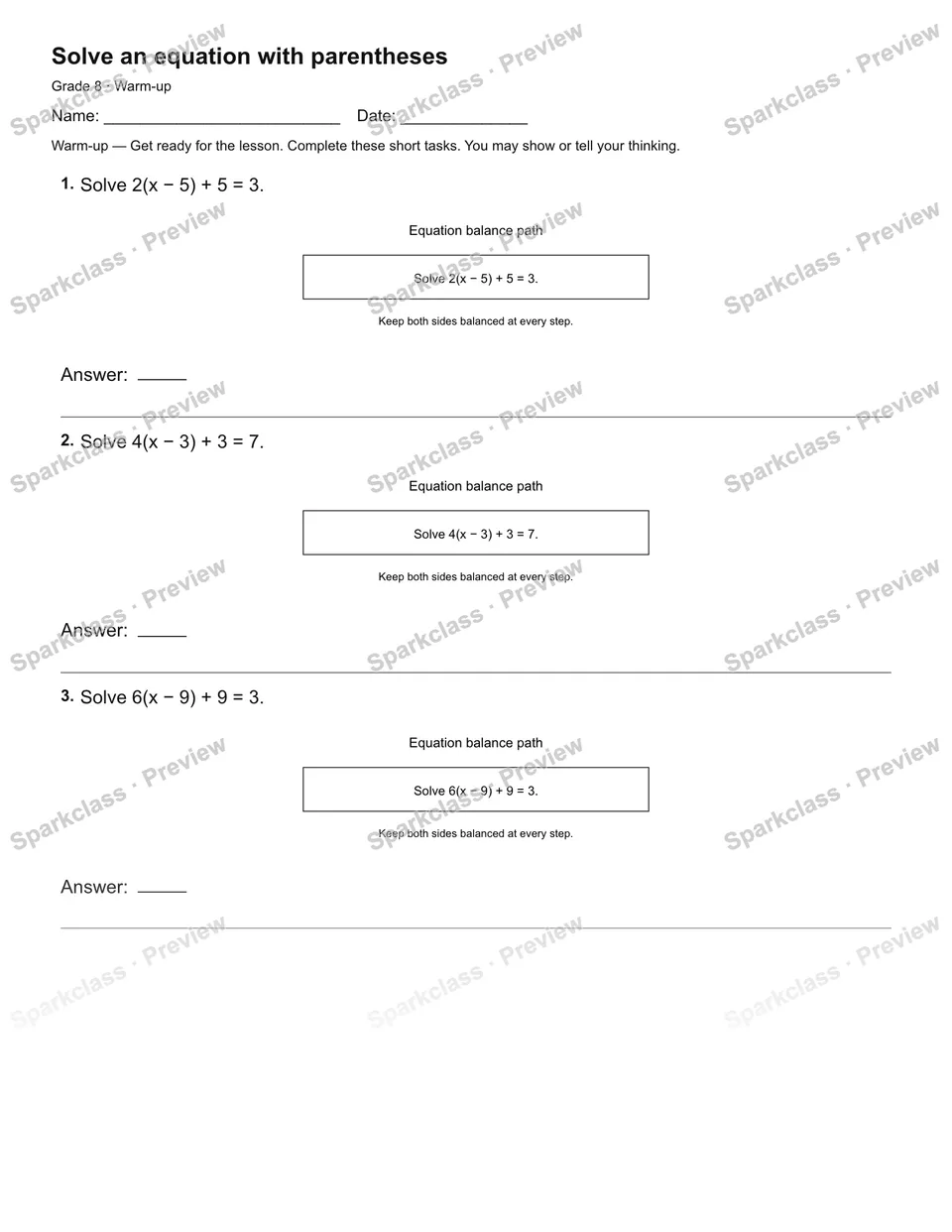 Solve an equation with parentheses — Warm-up — page 1