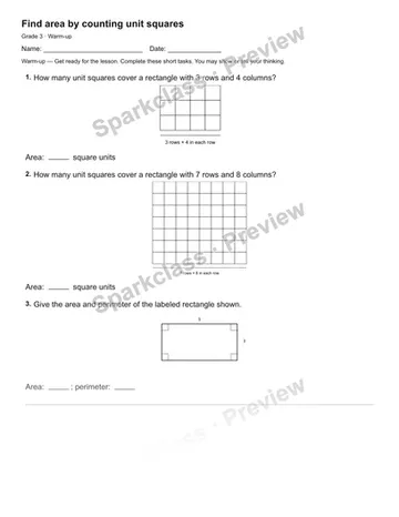 Find area by counting unit squares — Warm-up — Grade 3 worksheet preview