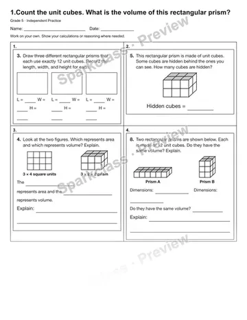 1.Count the unit cubes. What is the volume of this rectangular prism? — Independent Practice — Grade 5 worksheet preview