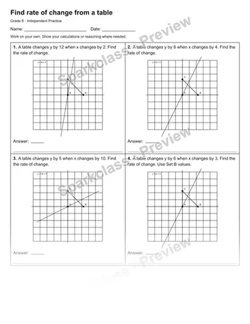 Find rate of change from a table — Independent Practice — Grade 8 worksheet preview