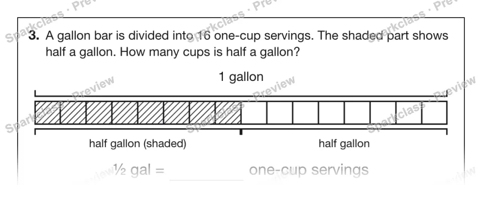 3. A gallon bar is divided into 16 one-cup servings. The shaded part shows half a gallon. How many cups is half a gallon? 1 gallon half gallon (shaded) half gallon ½ gal = one-cup — page 1