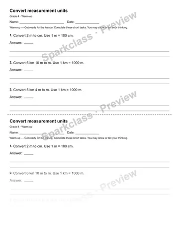 Convert measurement units — Warm-up — Grade 4 worksheet preview