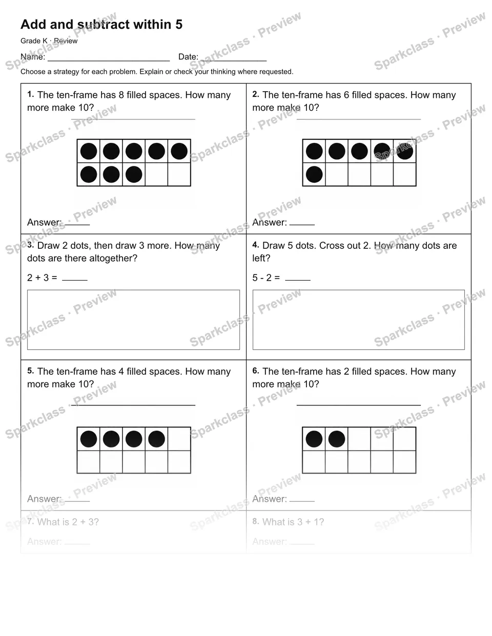 Add and subtract within 5 — Review — page 1