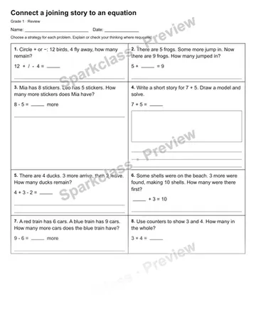 Connect a joining story to an equation — Review — Grade 1 worksheet preview