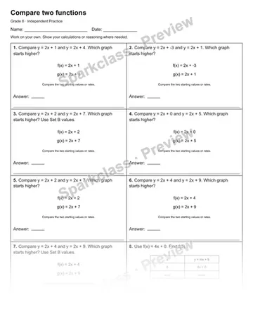 Compare two functions — Independent Practice — Grade 8 worksheet preview