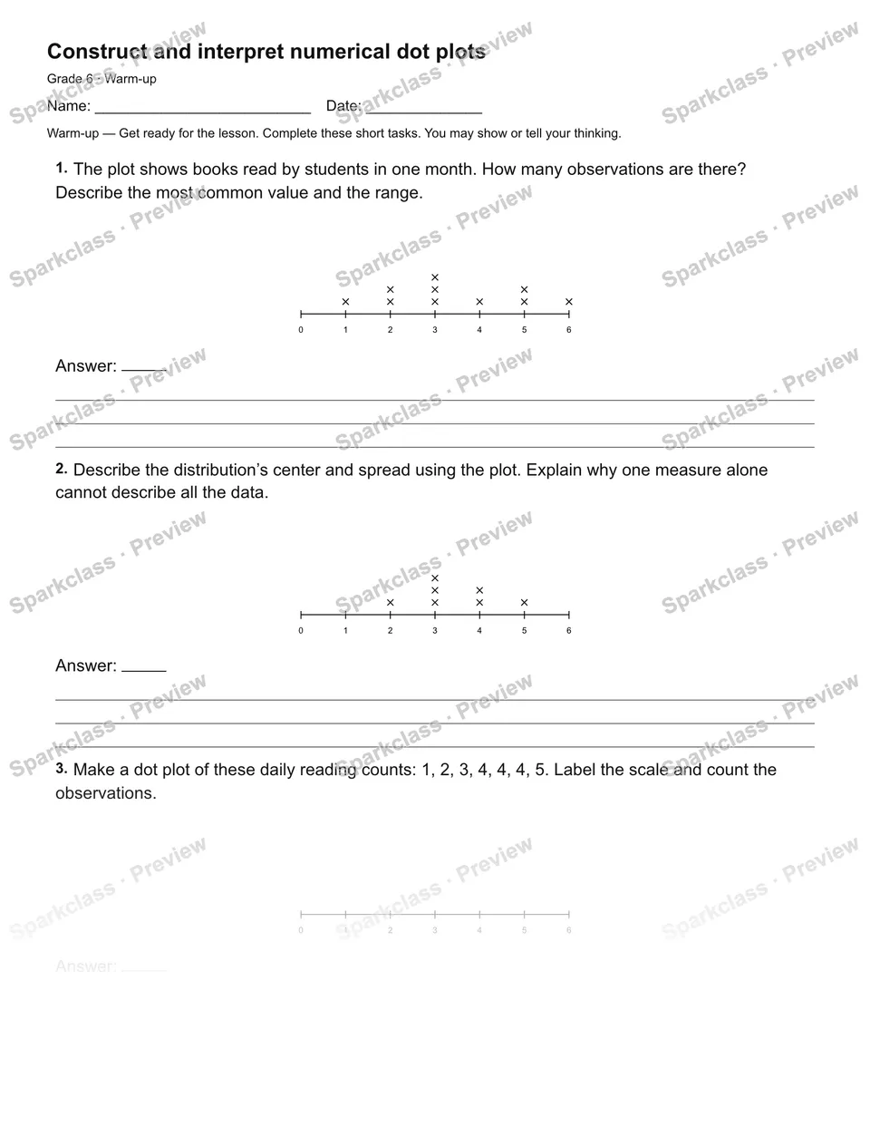 Construct and interpret numerical dot plots — Warm-up — page 2