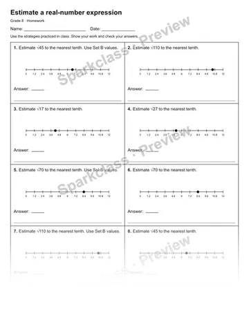 Estimate a real-number expression — Homework — Grade 8 worksheet preview