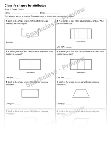 Classify shapes by attributes — Guided Practice — Grade 3 worksheet preview